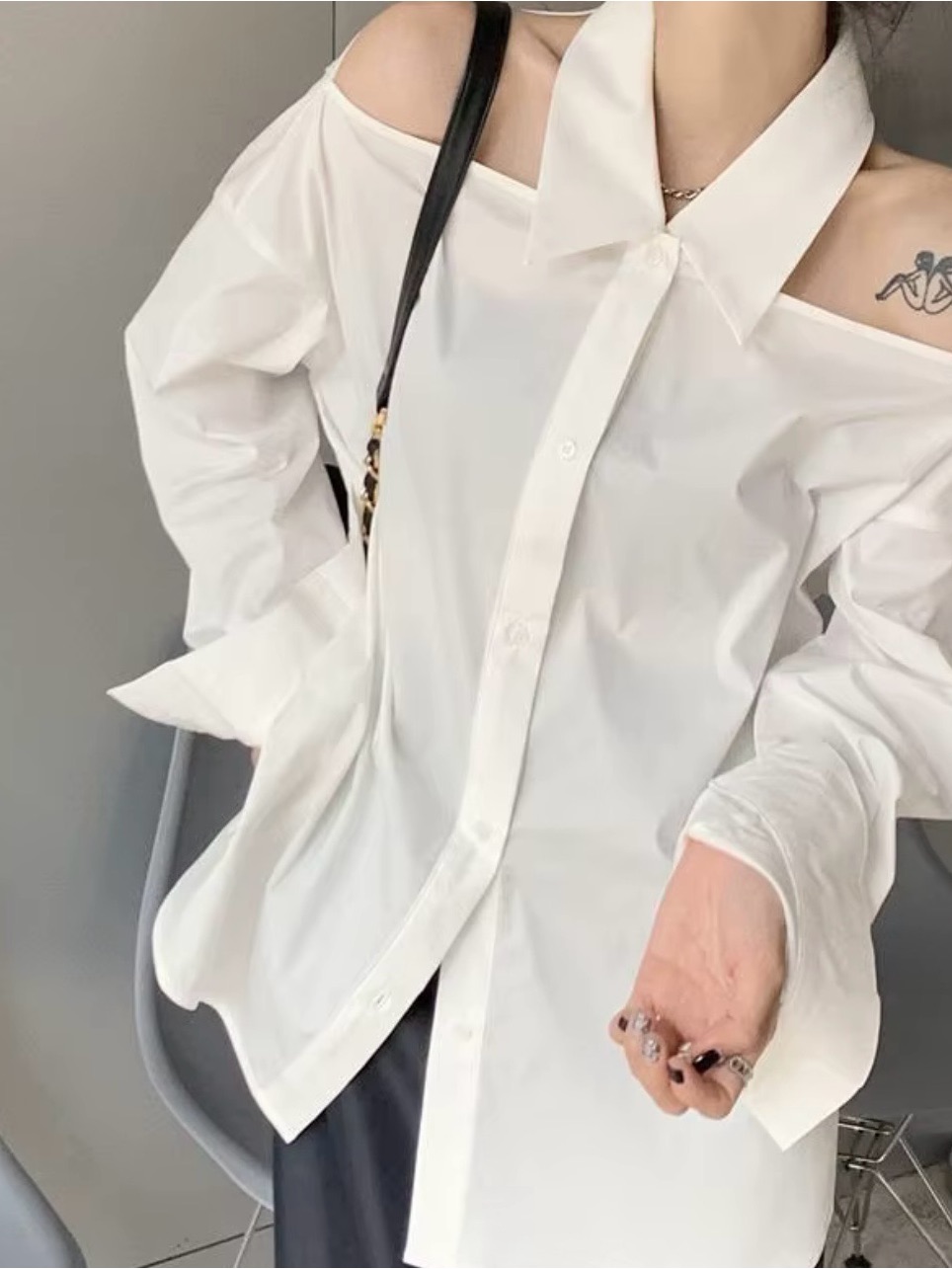 White Cold Shoulder Button-Up Blouse - Cutout Shoulder